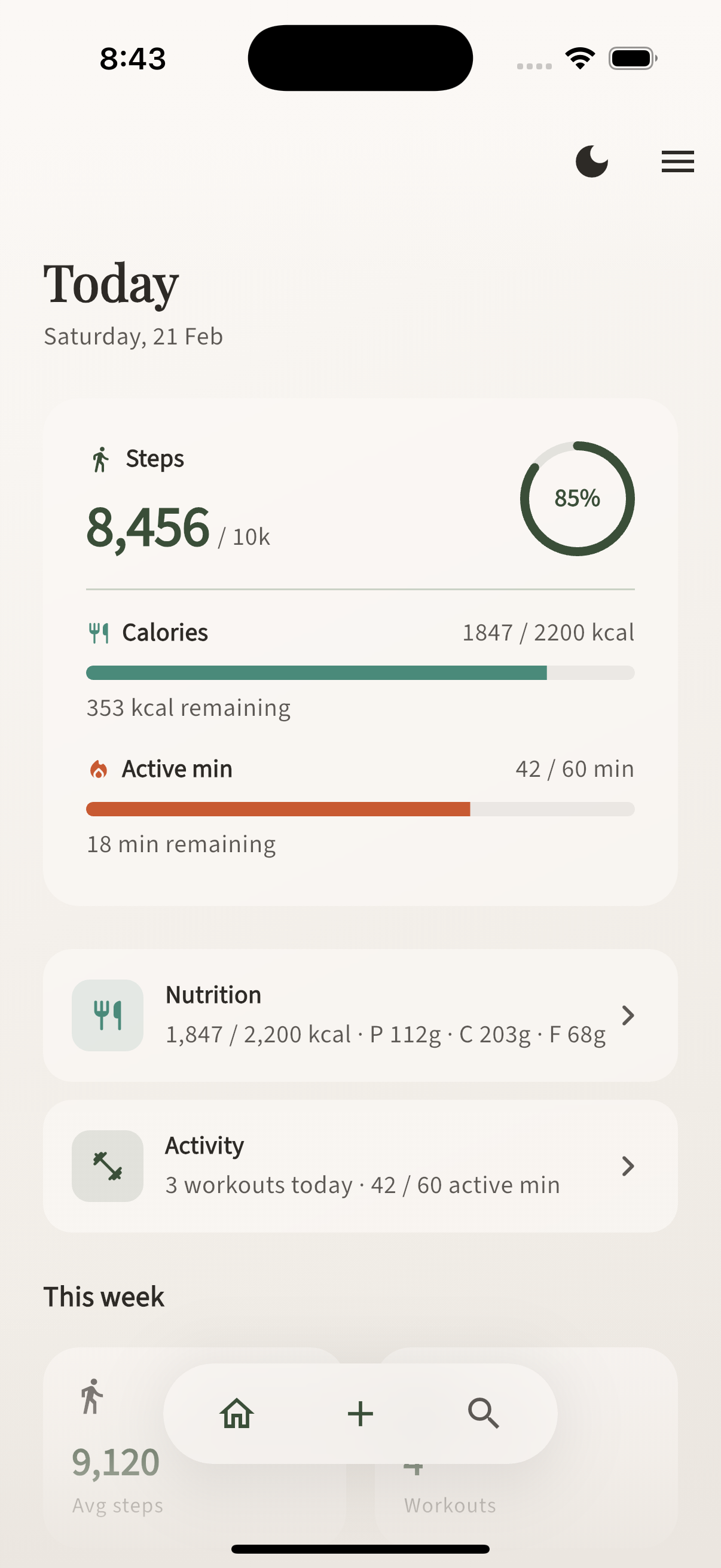 Dara today view: steps, calories, active minutes and quick links to Nutrition and Activity