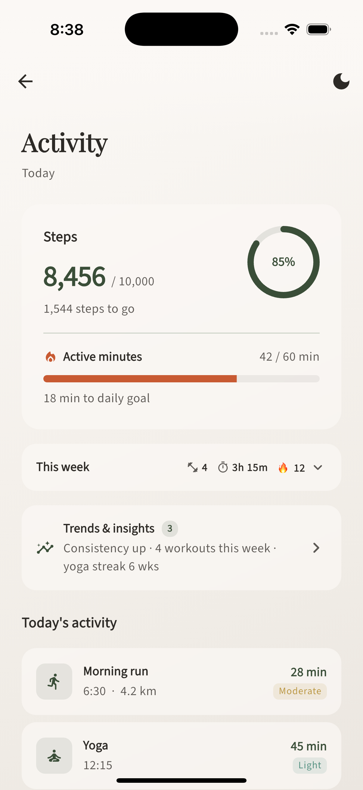 Dara activity: steps, active minutes, weekly summary and today's workouts